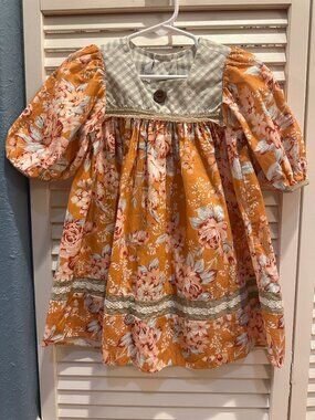 Darling Mae RicRac&Ruffles 3T Fall Floral Gingham Puff Sleeve Cottagecore Dress